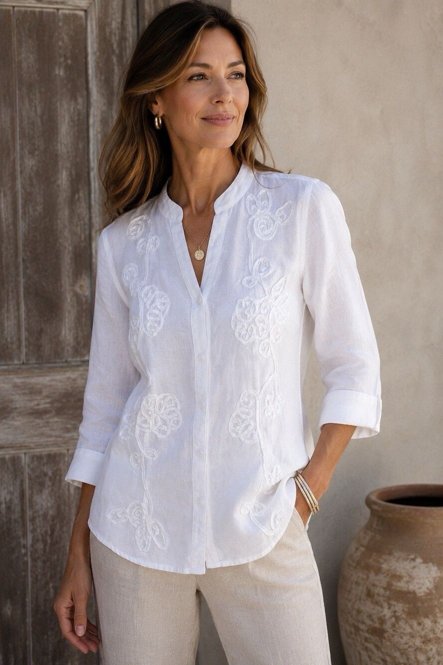 Charter Club White Linen 3/4 Sleeve Embroidered Floral Button Up Shirt Size 6